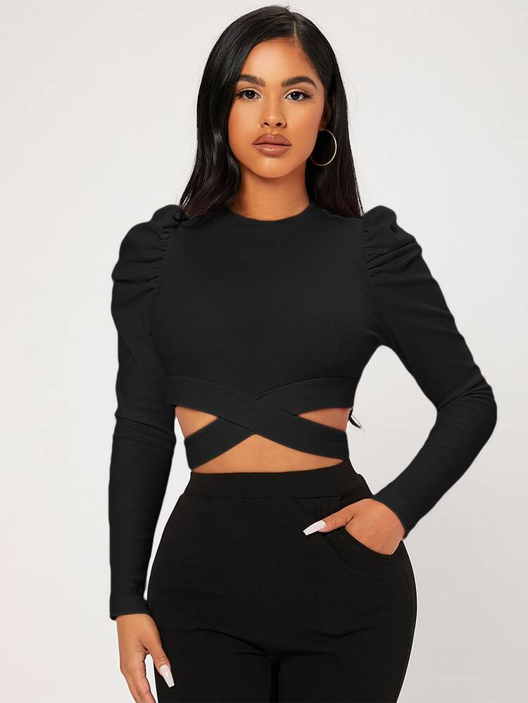 SHEIN PETITE Cut Out Wrap Puff Sleeve T-Shirt | SHEIN