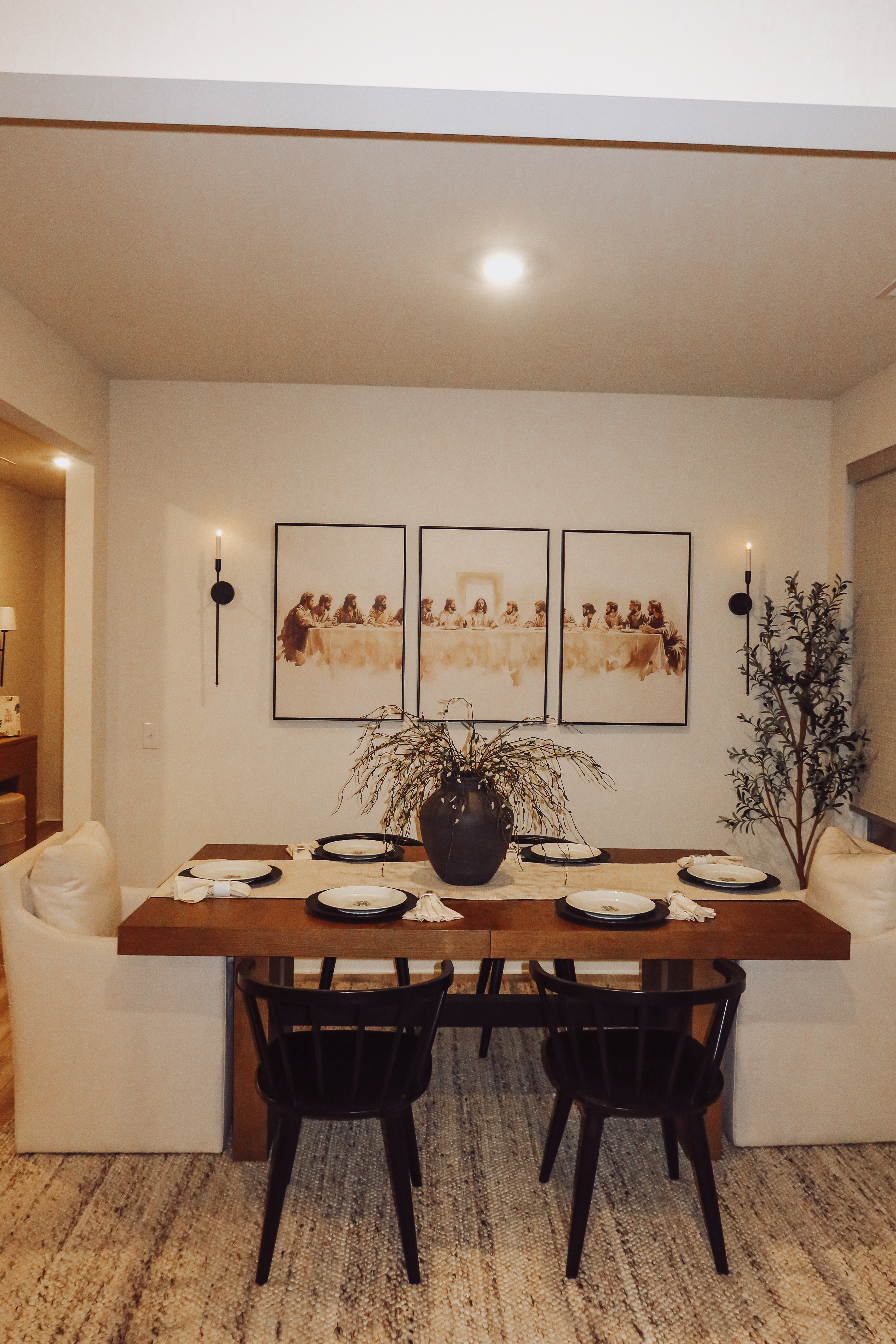 ✨ Dining room details I’m loving — a layered tablescape with a chic runner, modern chairs, faux greenery for a fresh touch, and chargers + plates styled to perfection. Cozy yet polished, just how I like it 🤍🍴 

 #LTKHome #LTKStyleTip
