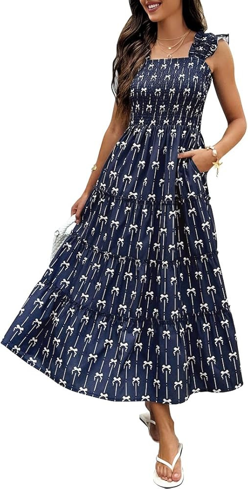 ECOWISH Women's Summer Maxi Dresses - 2026 Sleeveless Square Neck Ruffle Strap Smocked Flowy A Li... | Amazon (US)