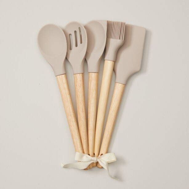 SET OF 5 WOOD & SILICONE KITCHEN UTENSILS | Indigo (CA)