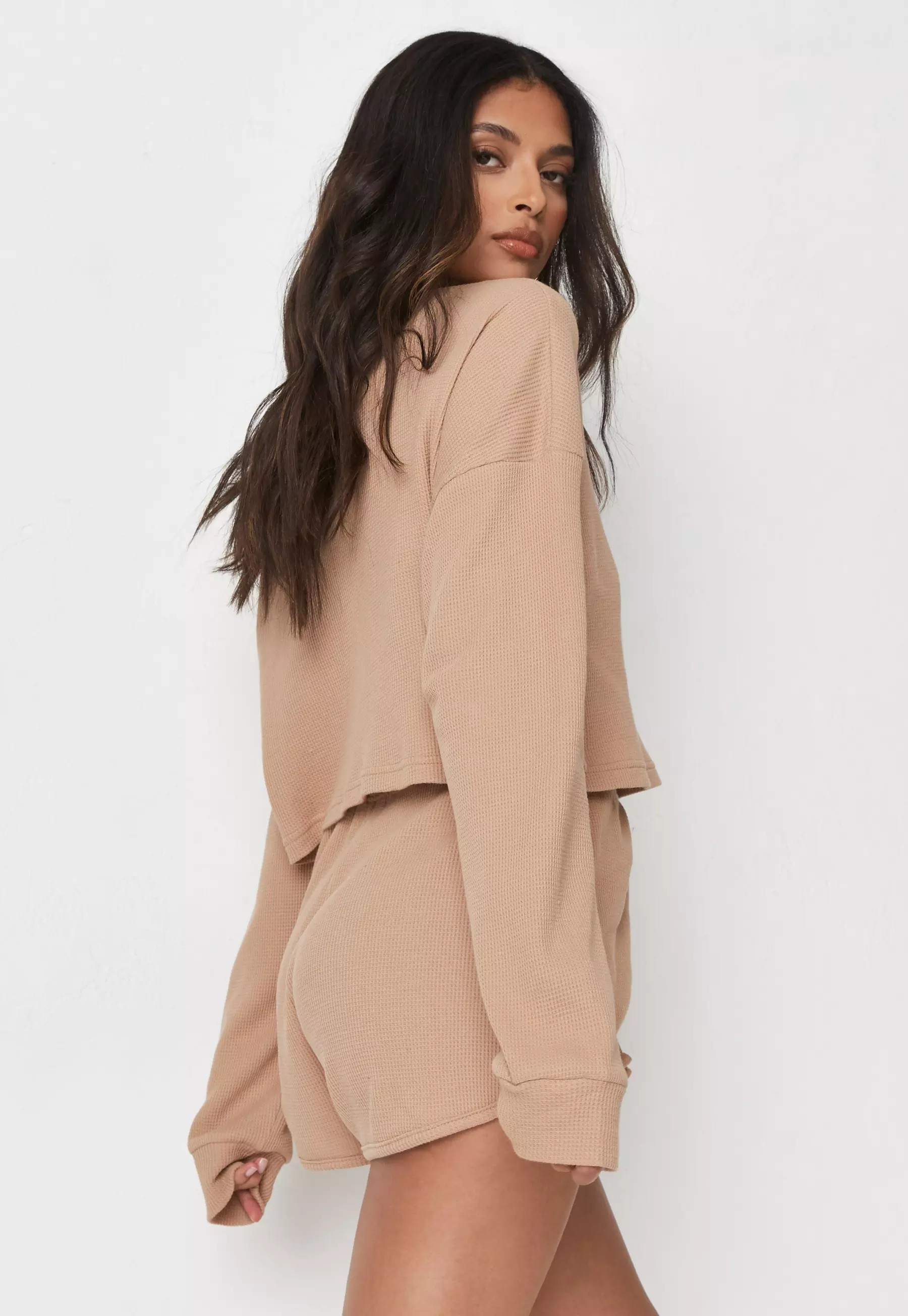 Camel Waffle Crop Top And Shorts Loungewear Set | Missguided (US & CA)