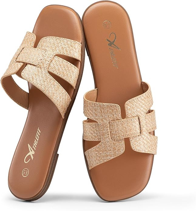 Athlefit Women's Flat Sandals Dressy Summer Square Open Toe Slip On Leather Slide Sandals | Amazon (US)