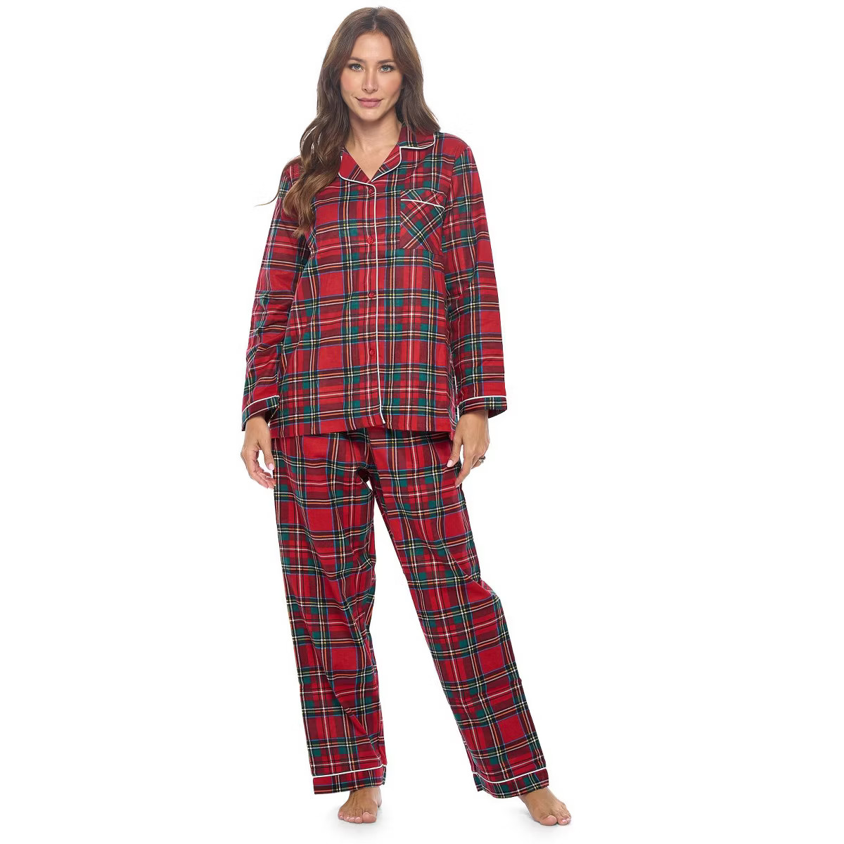 Casual Nights Women's Flannel Long Sleeve Button Down Pajama Set - White Snow Bird - Medium | Target