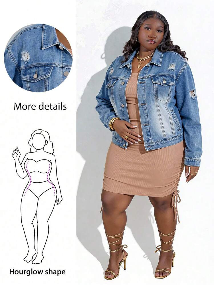 CurvyTilda Plus Bleach Wash Drop Shoulder Ripped Denim Jacket, For Hourglass Body Shape | SHEIN USA | SHEIN