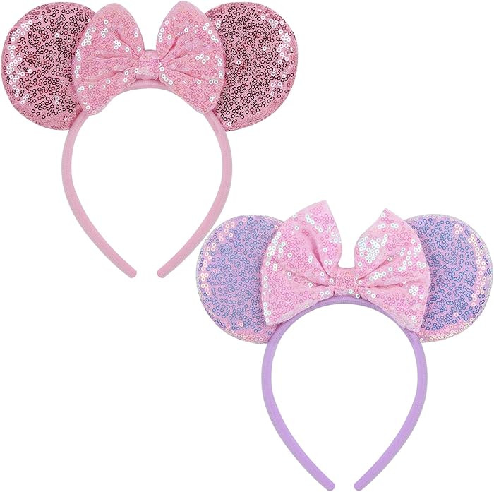 2 Pack Pink Purple Mouse Ears Headbands for Women Girls, Sequin Bow Headband for Cosplay Costume ... | Amazon (US)