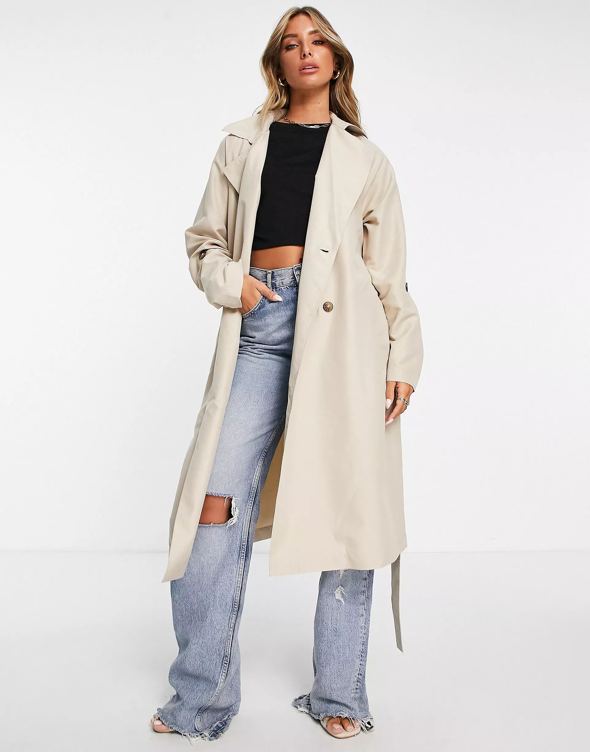 Aria Cove structured trench coat with tie waist in camel | ASOS (Global)