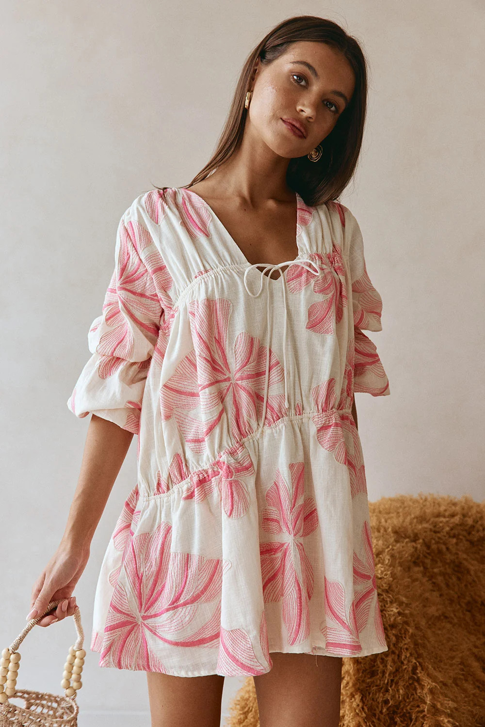 Pink Spring Floral Print Boxy Gathered Mini Naloo Dress | Sabo Skirt US