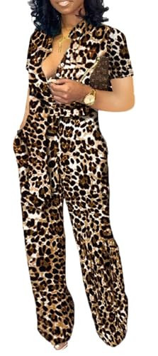 Women's Elegant Leopard Jumpsuit Sexy V Neck Short Sleeve Button Down Long Straight Pants Jumpsuits with Pockets Belt（X-Large） | Amazon (US)