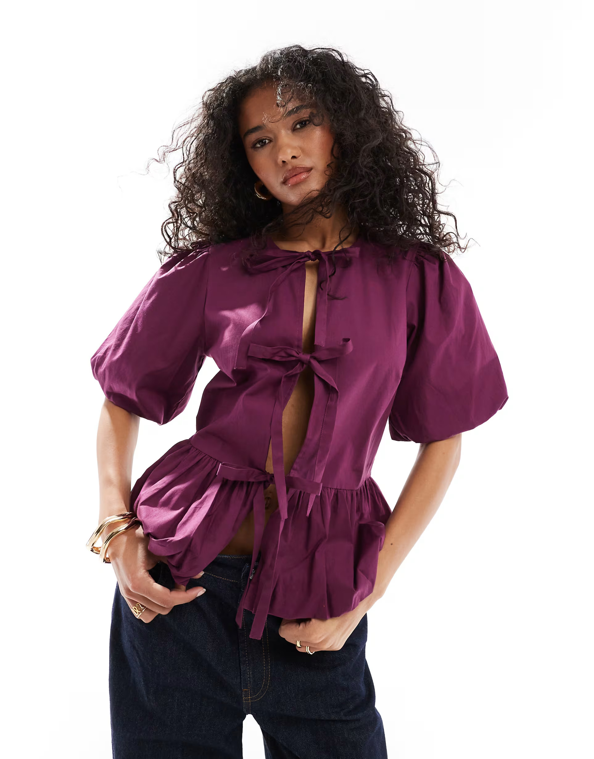 ASOS DESIGN cotton puff sleeve smock top in burgundy | ASOS | ASOS (Global)