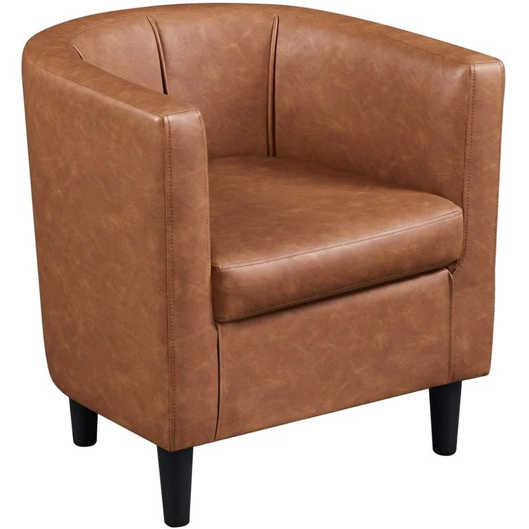 Easyfashion Faux Leather Upholstered Barrel Club Chair, Brown | Walmart (US)