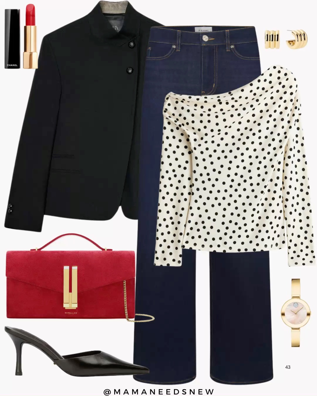 A spring outfit with a high collar blazer, polka dot top, jeans, top handle bag, heels 🖤❤️

#LTKootd #LTKSeasonal #LTKSaleAlert