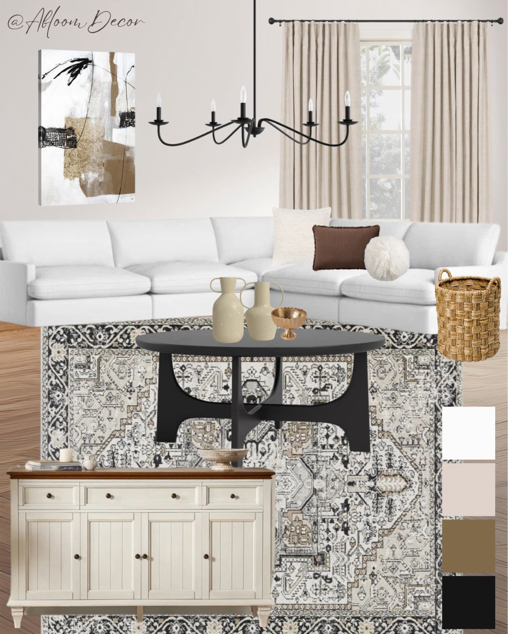 This living room design balances traditional and modern elements with a soothing neutral palette and cozy textures. The white sectional, patterned rug, and light wood console create an inviting base, while the black accents and abstract art add depth and sophistication.

#LTKHome