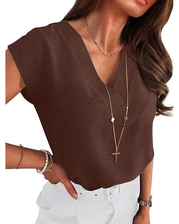 ANRABESS Women Tops Cap Sleeve Textured Dressy Casual V Neck Shirts 2025 Summer Business Work Blo... | Amazon (US)