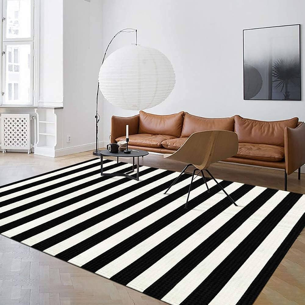Seavish Black and White Outdoor Rug, 5x8 ft Patio Rugs Handmade Woven Indoor Striped Rug Farmhous... | Amazon (US)