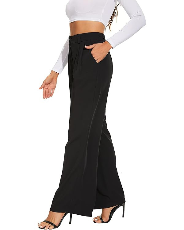 FUNYYZO Women's Wide Leg Pants High Elastic Waisted in The Back Business Work Trousers Long Strai... | Amazon (US)