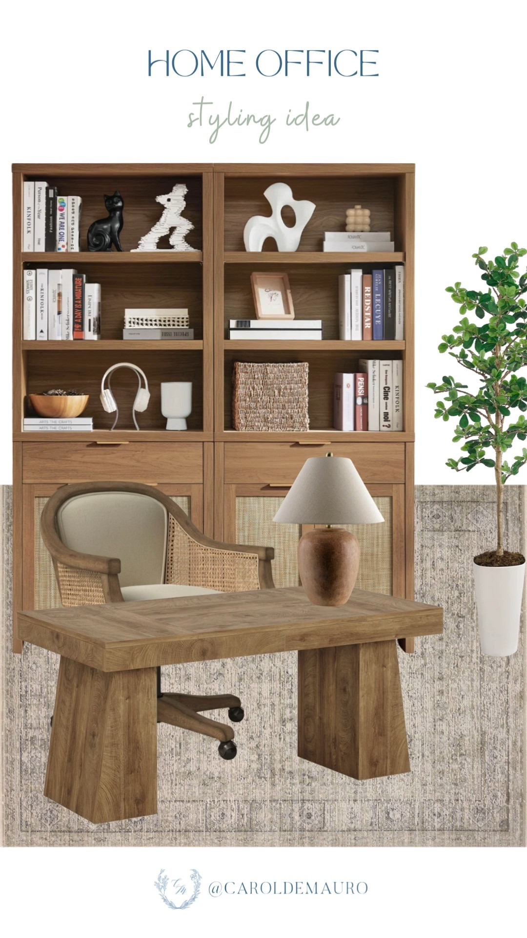 home office, styling inspo, neutral home, wooden office furniture, modern vintage, neutral rug, bookcase, bookshelf, ceramic table lamp, faux plant, work from home setup

#LTKHome
