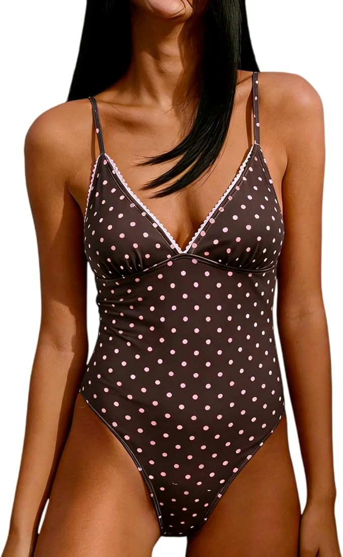 One Piece Polka Dot Swimsuit for Women Deep V-Neck Full Coverage Bathing Suits Ruffle Trim Tummy ... | Amazon (US)