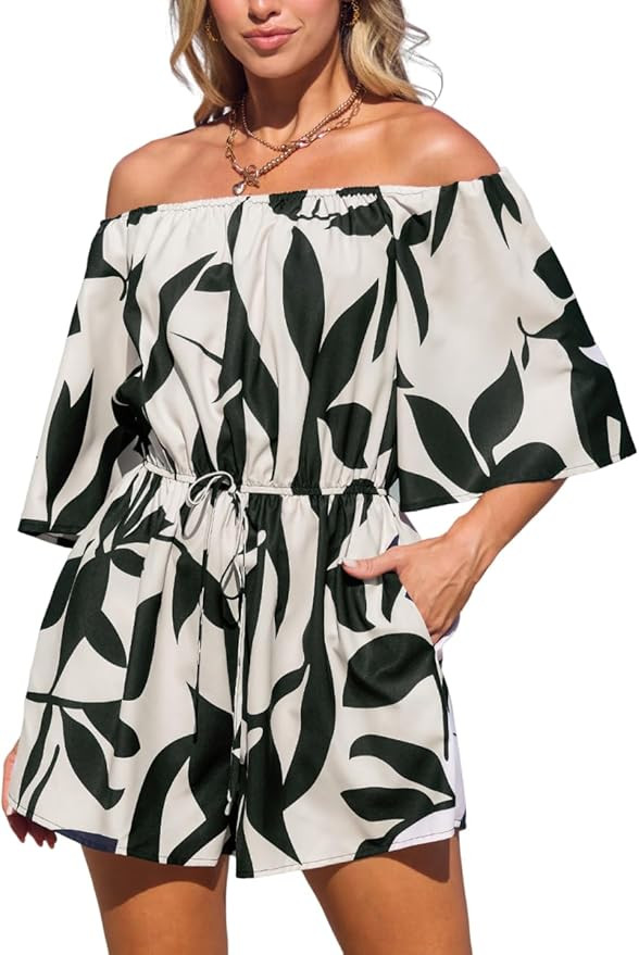 CUPSHE Women's Summer Casual 3/4 Sleeve Romper Wide Leg Floral Tropical Off Shoulder Elastic Wais... | Amazon (US)
