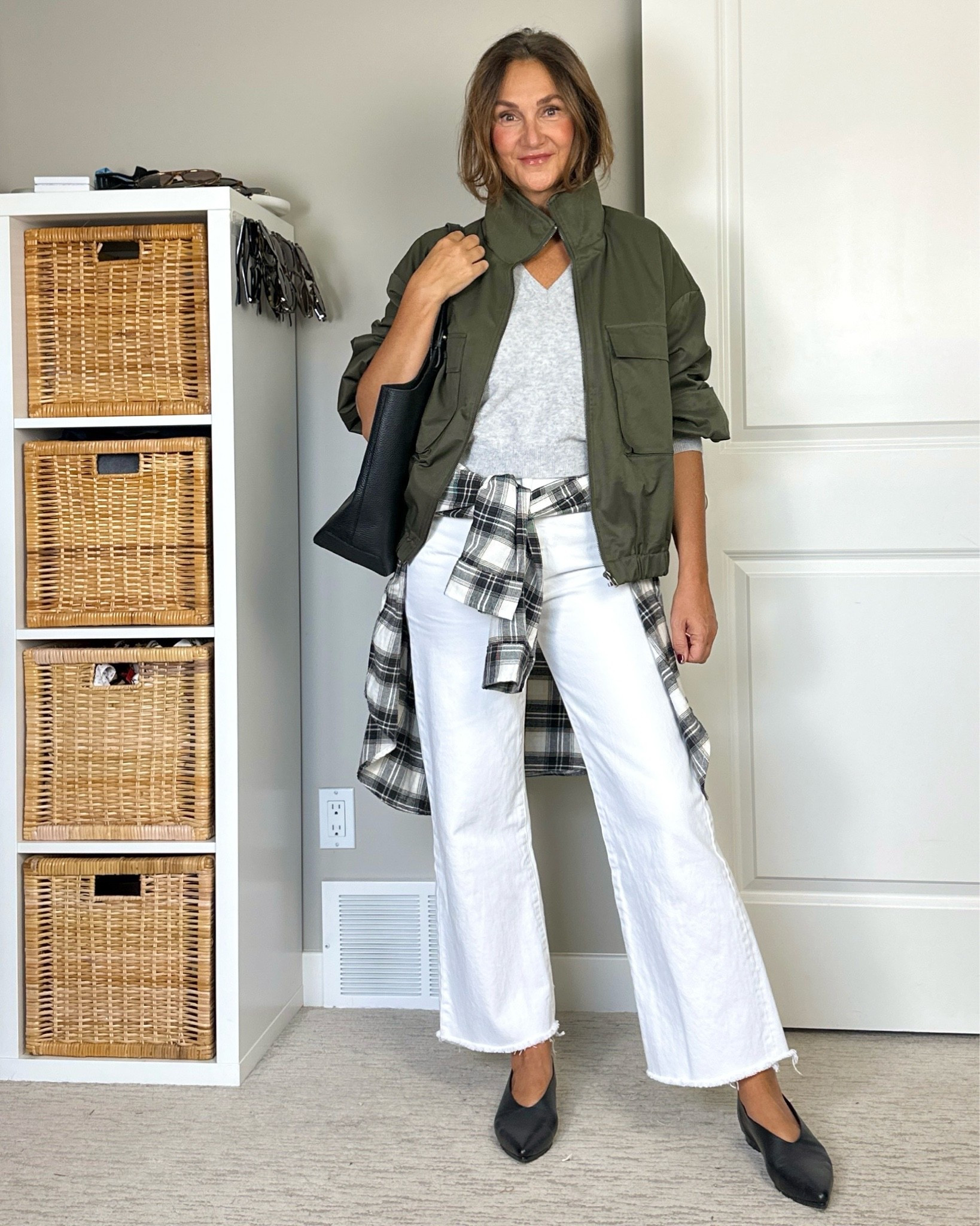 October outfit, yes we’re still wearing white after Labour day! 
I’m 5’ 7” wearing my usual size S in the cashmere sweater and plaid shirt, sized up to L in the jacket cause I wanted an oversized fit, it’s a bit too big, I should have gotten a M.
My pointy high vamp ballet flats are pricy but amazing quality and so comfortable, use code CBSTYLED-25 for $25 off $200 or more. Can also be used on my bag, the loafers I also considered for this outfit or anything at Poppy Barley.
My Jena’s are old but I linked similar.