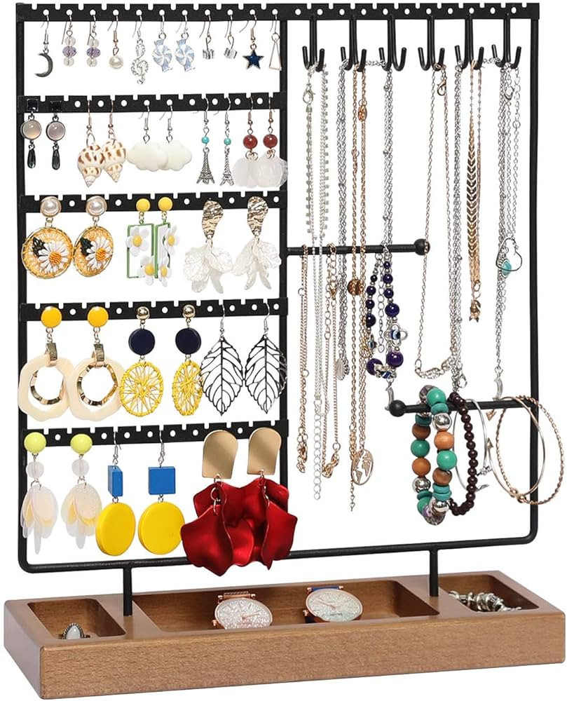 X-cosrack Earring Holder,5-Tier Ear Stud Holder with Wooden Tray,Jewelry Organizer Holder for Ear... | Amazon (US)