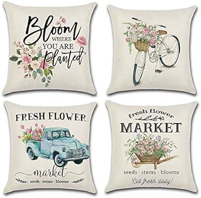 LIYACHAO Spring Decor Fresh Flower Market Bicycle Car Throw Pillow Covers 18x18 Set of 4 Spring T... | Amazon (US)