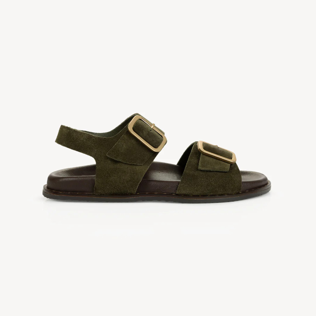Gala Two Bar Back Strap Sandals: Olive Suede | Air & Grace
