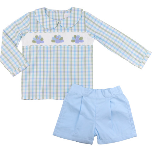 Blue And Green Plaid Smocked Turkey Short Set | Cecil and Lou