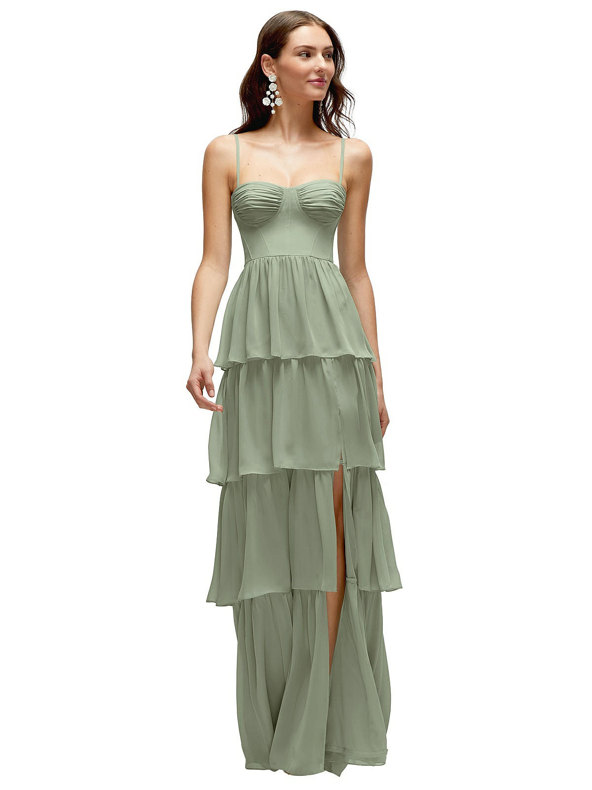 Bustier-Style Chiffon Tiered Ruffle Maxi Dress with Adjustable Straps in Sage | Dessy Group