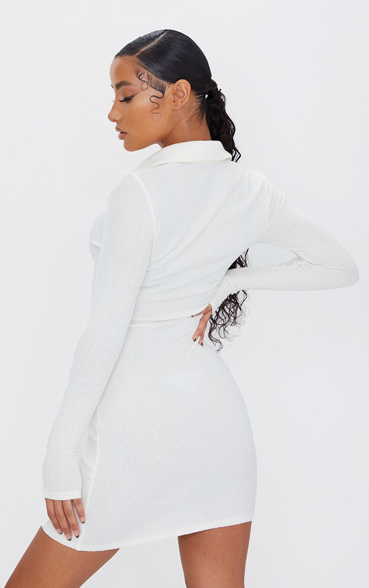 Cream Brushed Rib Long Sleeve Ruched Shirt Dress | PrettyLittleThing US