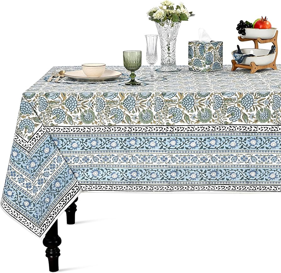 Ridhi Hand Block Print Asparagus Green Rectangle Cotton Tablecloth 90" x 60" Reusable Table Cover... | Amazon (US)