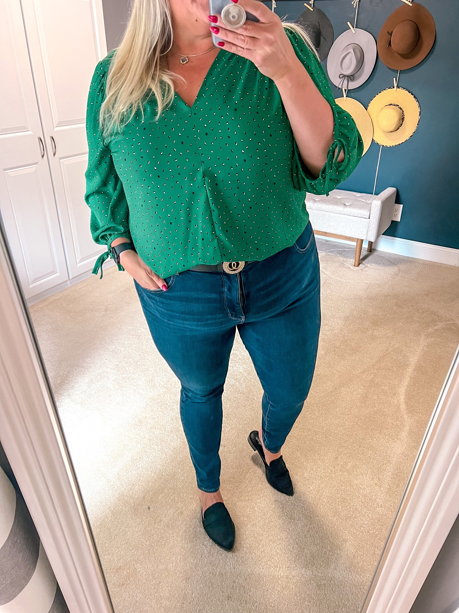 Fun office outfit with dark wash jeans, printed blouse, and mules. 

Office outfit | business casual | plus size business casual | jeans outfit | skinny jeans | plus size style | office style 

#LTKplussize #LTKover40 #LTKworkwear