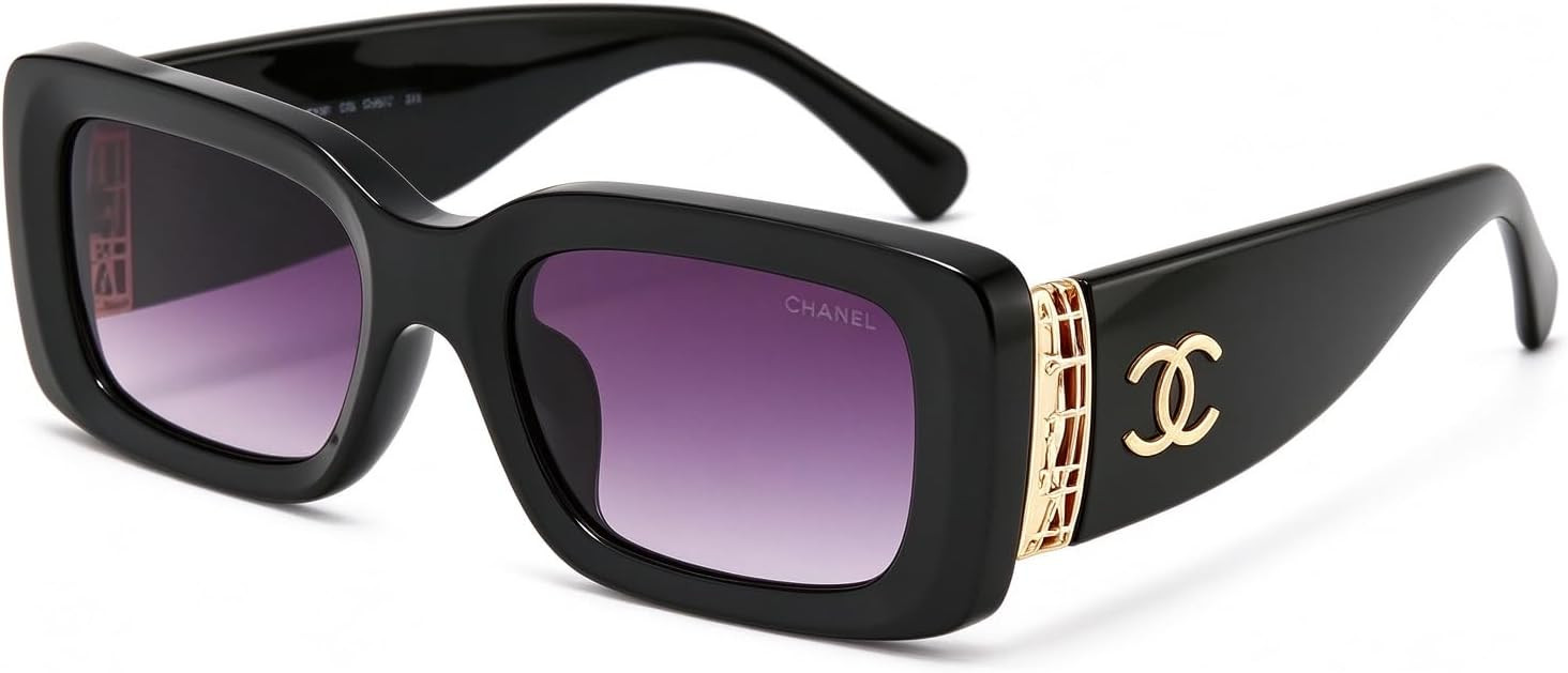 Rectangular Sunglasses with Gold Logo Detail, Black Frame | Amazon (US)