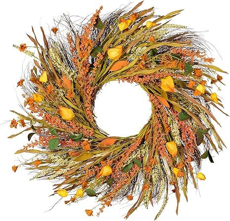 Wofair 22 Inch Fall Wreath Front Door Wreath Grain Wreath Harvest Gold Wheat Ears Circle Garland ... | Amazon (US)