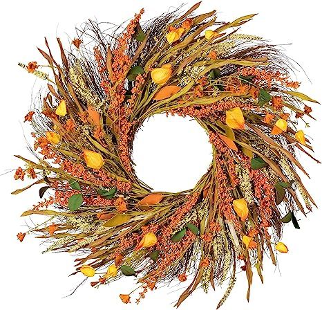 Wofair 22 Inch Fall Wreath Front Door Wreath Grain Wreath Harvest Gold Wheat Ears Circle Garland ... | Amazon (US)