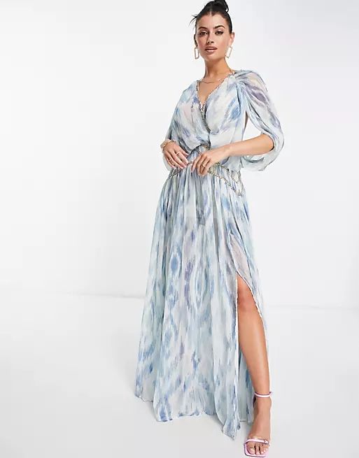 ASOS DESIGN blouson maxi dress with chain strapping detail in blue floral print | ASOS (Global)