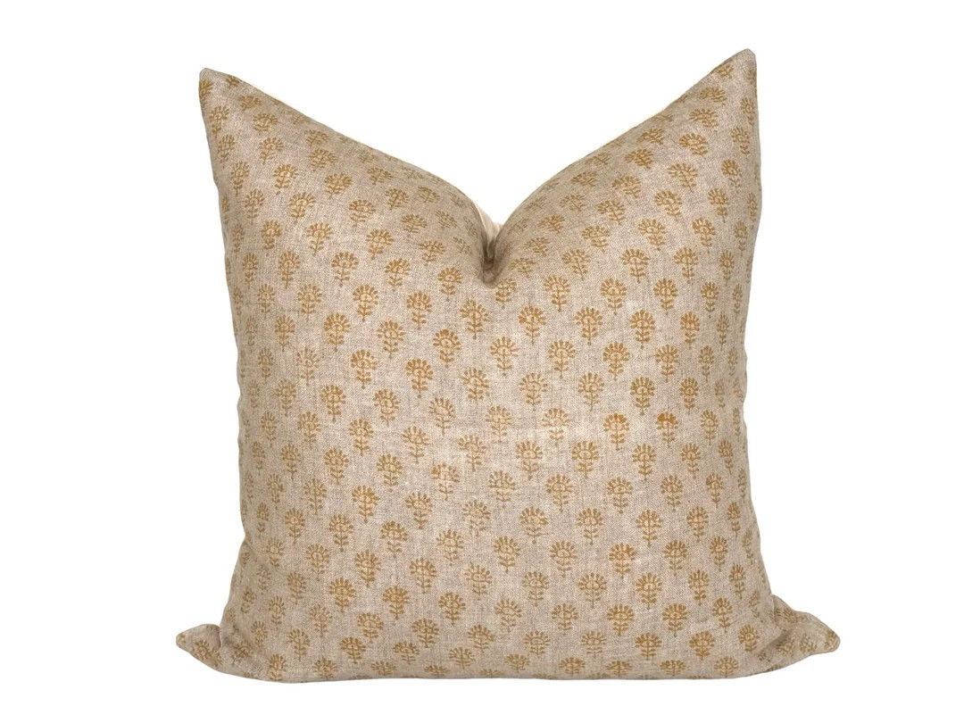 Floral Block Print Linen Pillow Cover: Yellow & Beige | Etsy (US)