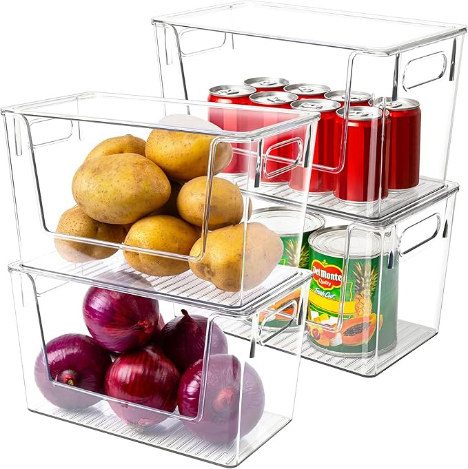 4 Pack Large Stackable Storage Bins, Plastic Container Organizer with Open Front, Pantry Organize... | Amazon (US)