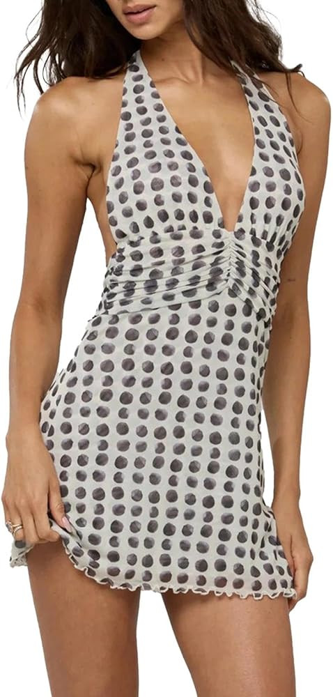 ABYOVRT Women Polka Dot Mini Dress Halter Deep V Neck Backless Dresses Going Out Beach Vacation | Amazon (US)