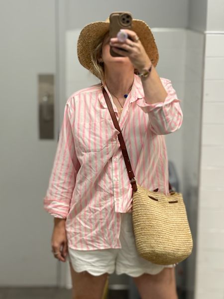 Bathroom outfit. The weather has just been glorious and I love nothing more than being able to wear long sleeve with shorts! 

Sézane Max button down I have in different colors & patterns and raffia crossbody bag, scalloped white shorts from Free People, Madewell straw hat, Barbie pink

#LTKunder100 #LTKworkwear #LTKstyletip