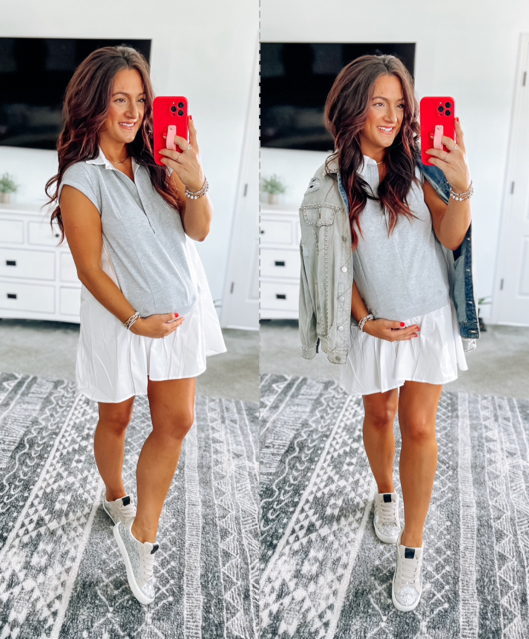 Oversized look for less dress 👌 perfect non maternity bump friendly dress option! In my true size small. Be sure to use code ameliarose__xo for 20% off the jacket! 😘 runs oversized 

#LTKFindsUnder50 #LTKBump #LTKStyleTip