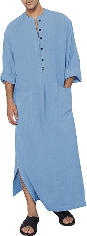 YAOHUOLE Men's Kaftan Thobe Long Sleeve Muslim Robe Button Up Side Split Kaftan Thobe with Pocket... | Amazon (US)