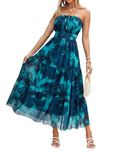 Simplee Women's Summer Maxi Dresses 2026 Elegant Strapless Boho Floral Mesh Vacation Beach Dress ... | Amazon (US)