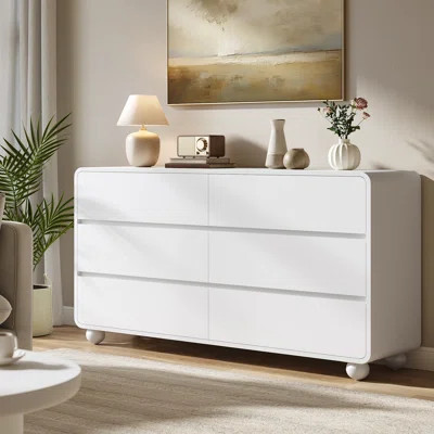 6 Drawer Dresser For Bedroom, 53" Wide Wood Dresser & Chests Of Drawer With Hidden Handles& Curved Profile Design, Wooden Dresser TV Stand For Bedroom | Wayfair North America
