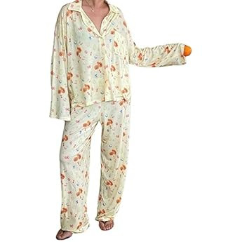 Y2k Two Piece Pj Lounge Set Long Sleeve Floral Fruit Print Shirt Pajamas Wide Leg Pants Matching Set | Amazon (US)
