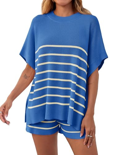 Fisoew Women's Striped 2 Piece Outfits Oversized Batwing Short Sleeve Tops High Waisted Shorts Su... | Amazon (US)