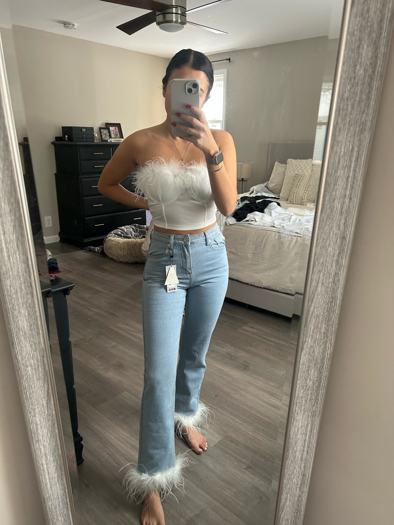 Boohoo feather jeans 🤍

#LTKunder100 #LTKunder50 #LTKwedding