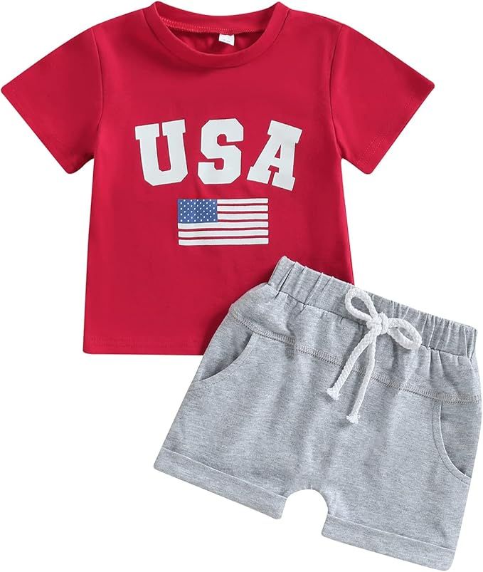 Karuedoo Toddler Baby Boy 4th of July Outfit Short Sleeve USA T-Shirt and Shorts Set 2Pcs Indepen... | Amazon (US)