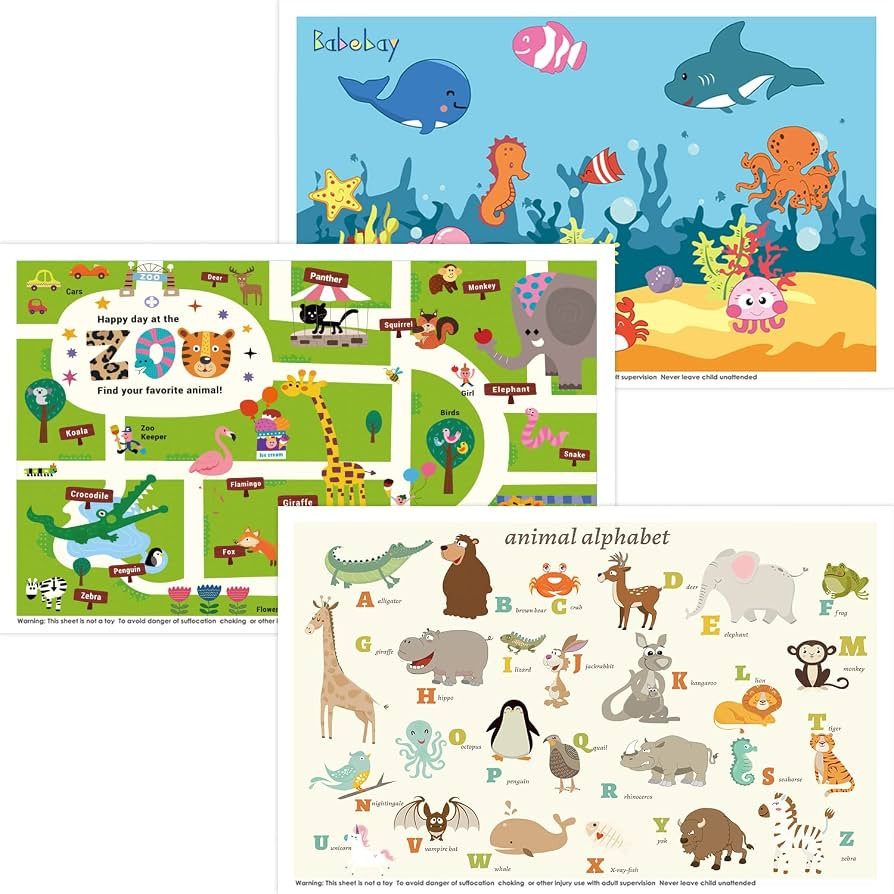 Babebay Disposable Stick-On Placemats for Baby, 40 Pack, 3 Animal Designs | Amazon (US)