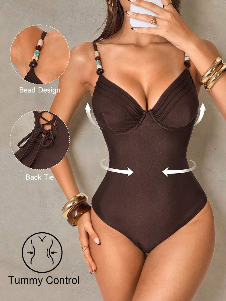 Shapewave Costume Da Bagno Intero Da Donna Per Vacanze Estive, Casual, Da Spiaggia, In Tinta Unita Marrone Scuro, Con Decorazioni In Perline, Con Spalline Regolabili E Controllo Pancia, Set Bikini | SHEIN