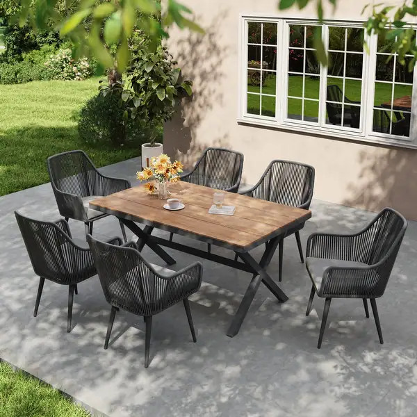 Outdoor Dining Set with Aluminum X-Leg Table and PE Rattan Chairs - Black | Bed Bath & Beyond